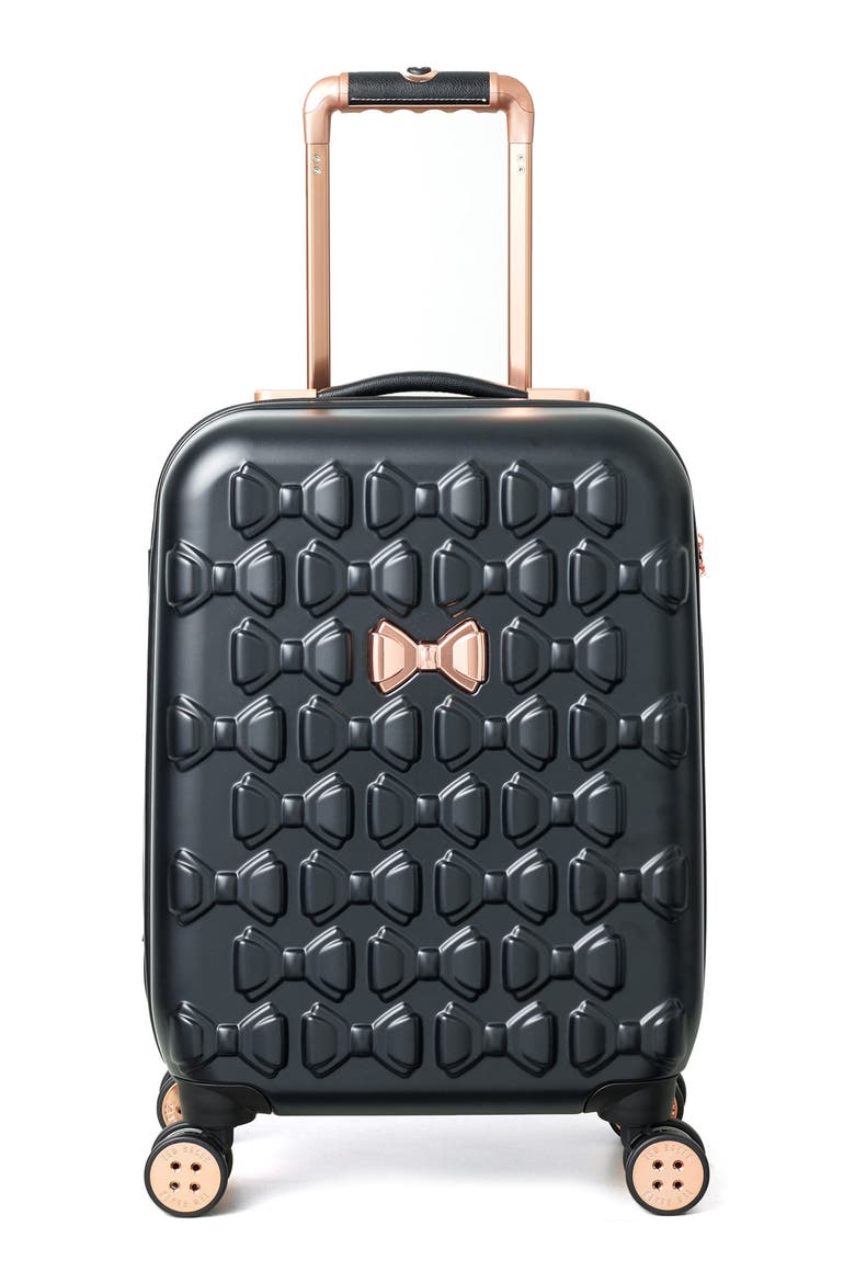 Small Beau 22-Inch Bow Embossed Four-Wheel Trolley Suitcase, Main, color, BLACK