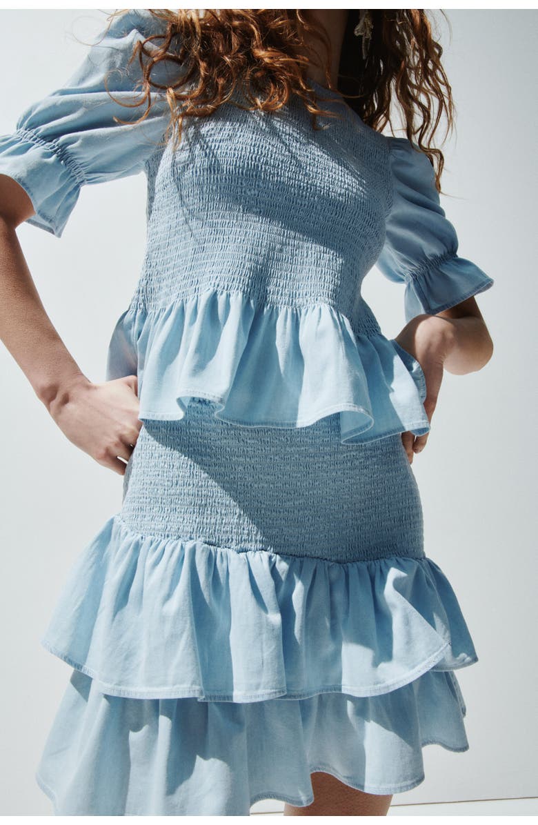 H&M Smocked Denim Blouse, Alternate, color, Light Blue