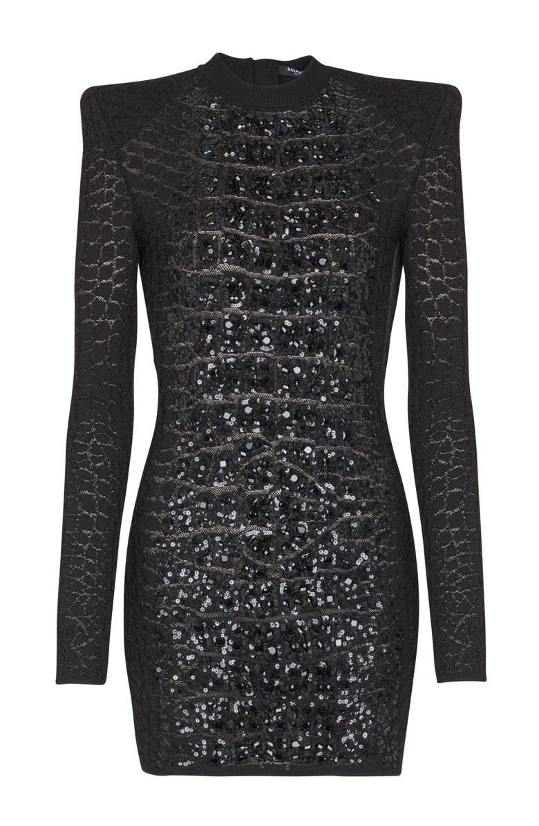 Balmain Short Sequin Dress In Crocodile Knit, Alternate, color, Black