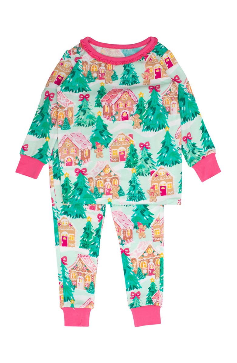RuffleButts SoftSnooze Ruffle Long Sleeve Pajama Set, Signature Rear Ruffles, Main, color, Pink Jolly Gingerbread