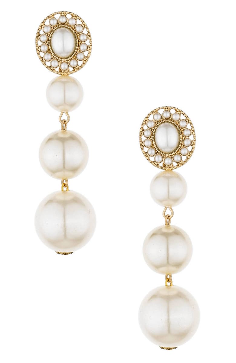 Ettika Triple Imitation Pearl Drop Earrings, Main, color, Gold