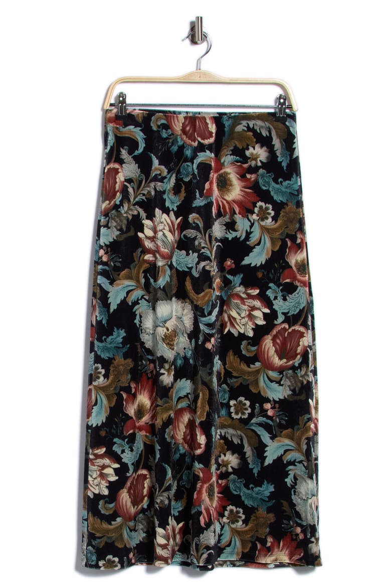 Floral Stretch Velvet Midi Skirt, Main, color, BLACK FLORAL PRINT
