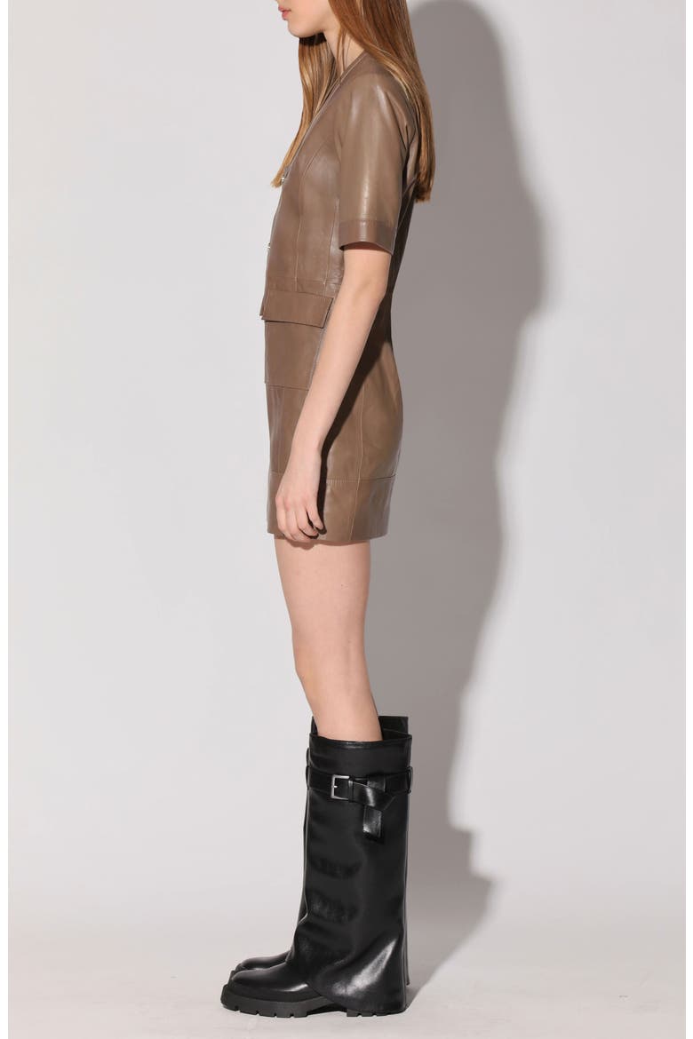 Harlynn Short Sleeve Leather Sheath Dress, Alternate, color, SAND
