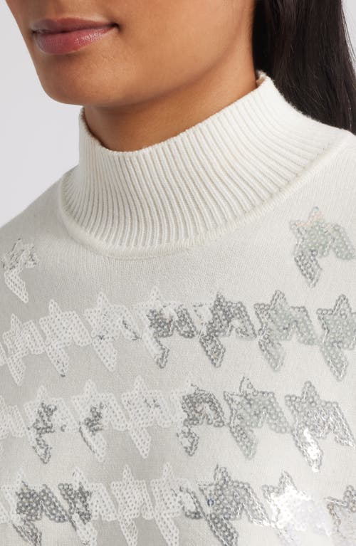 Anne Klein Sequin Houndstooth Mock Neck Sweater In White