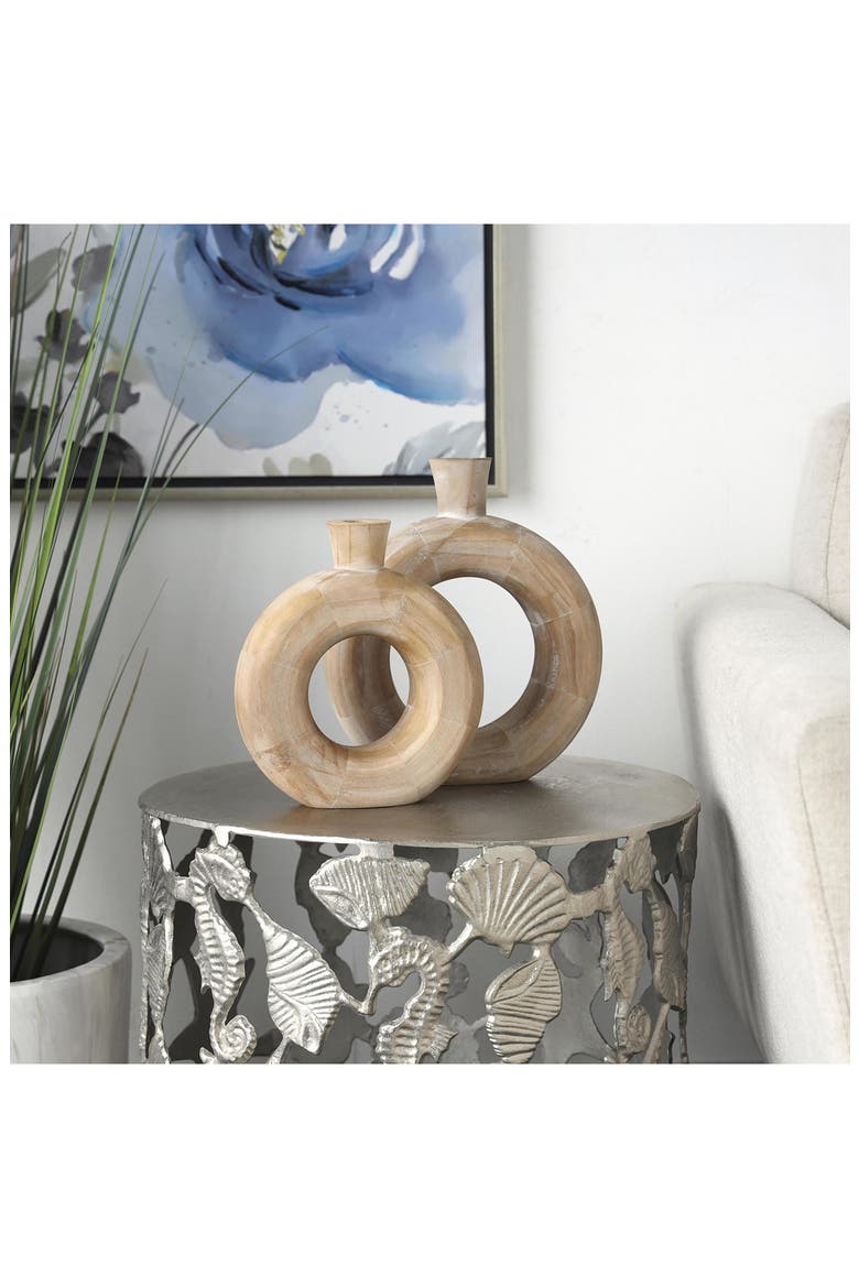 Set of 2 Wood Vases, Alternate, color, BROWN