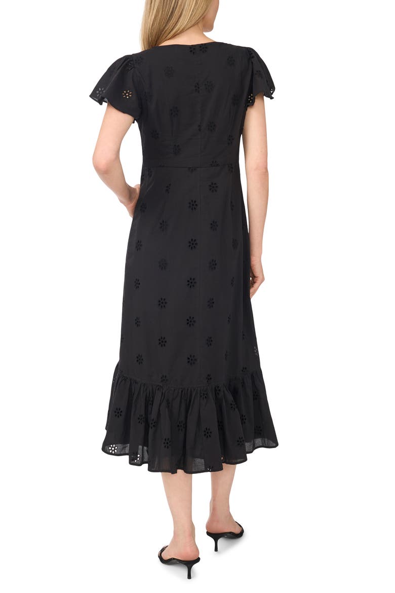 Eyelet Flutter Sleeve Button Down Midi Dress, Alternate, color, RICH BLACK