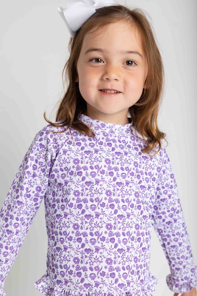 Floral Print Rashguard Swimsuit with Ruffles, Alternate, color, Purple/White
