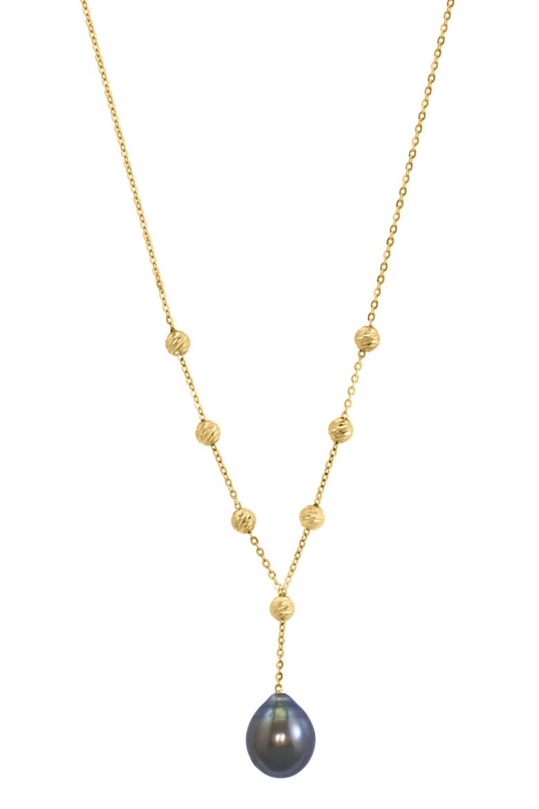 14K Gold Station Bead 10mm Black Tahitian Pearl Y-Drop Necklace, Main, color, BLACK