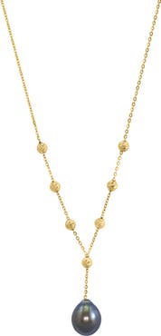 EFFY 14K Gold Station Bead 10mm Black Tahitian Pearl Y-Drop Necklace