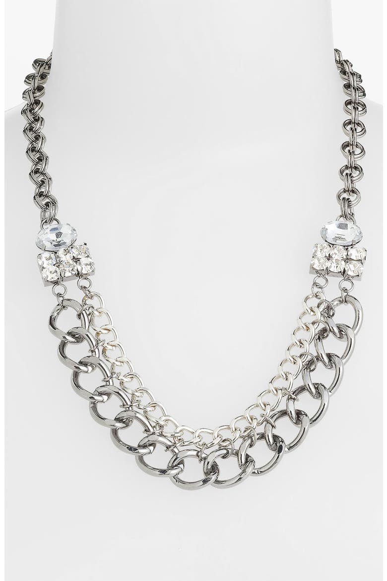 Chain & Rhinestone Statement Necklace, Main, color, SHINY SILVER HEMATITE