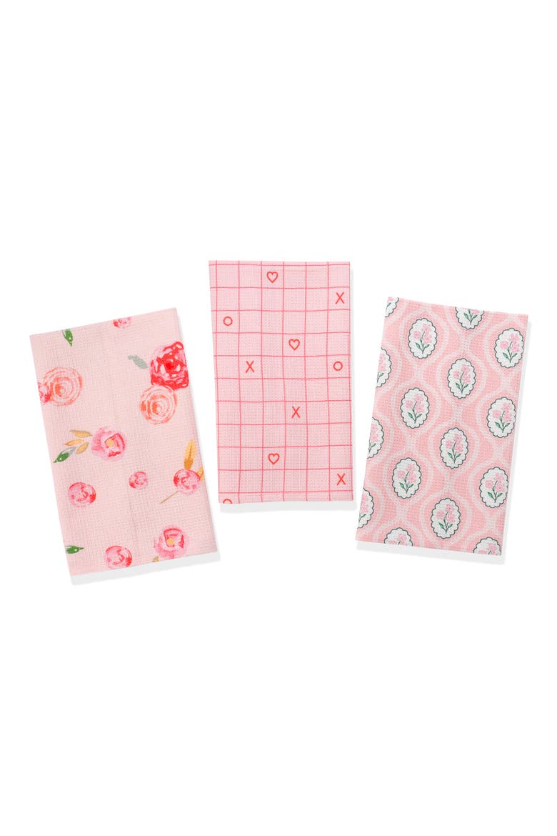 Rosy Whimsy Set of 3 Cotton Waffle Kitchen Towels, Main, color, ROSE/ POPPY / WHITE
