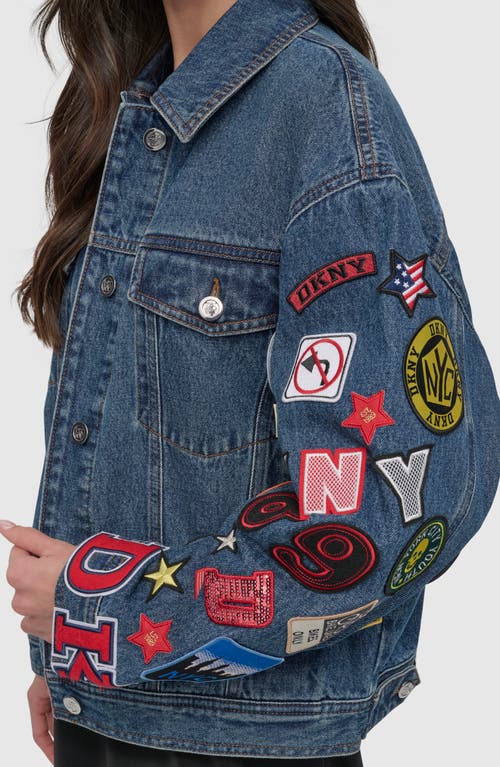 Shop Dkny Patch Detail Denim Trucker Jacket In Ludlow Wash