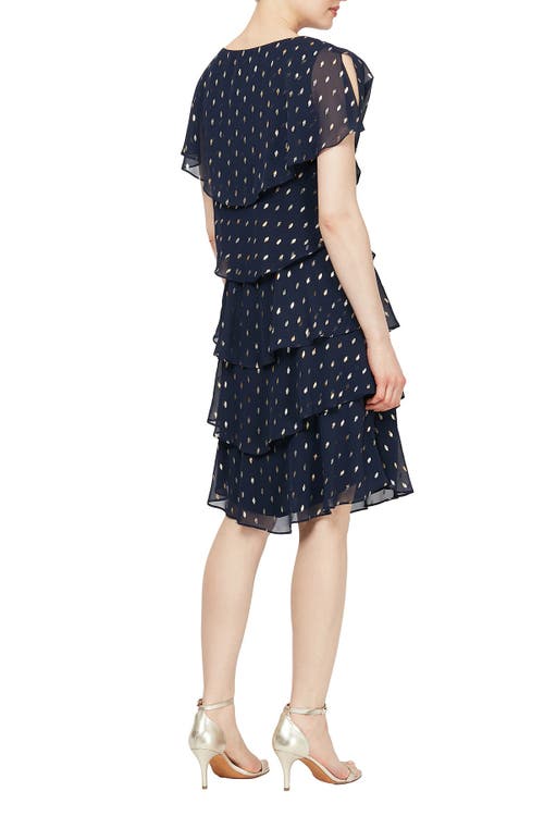 Shop Sl Fashions Polka Dot Tiered Georgette Dress In Navy Gold