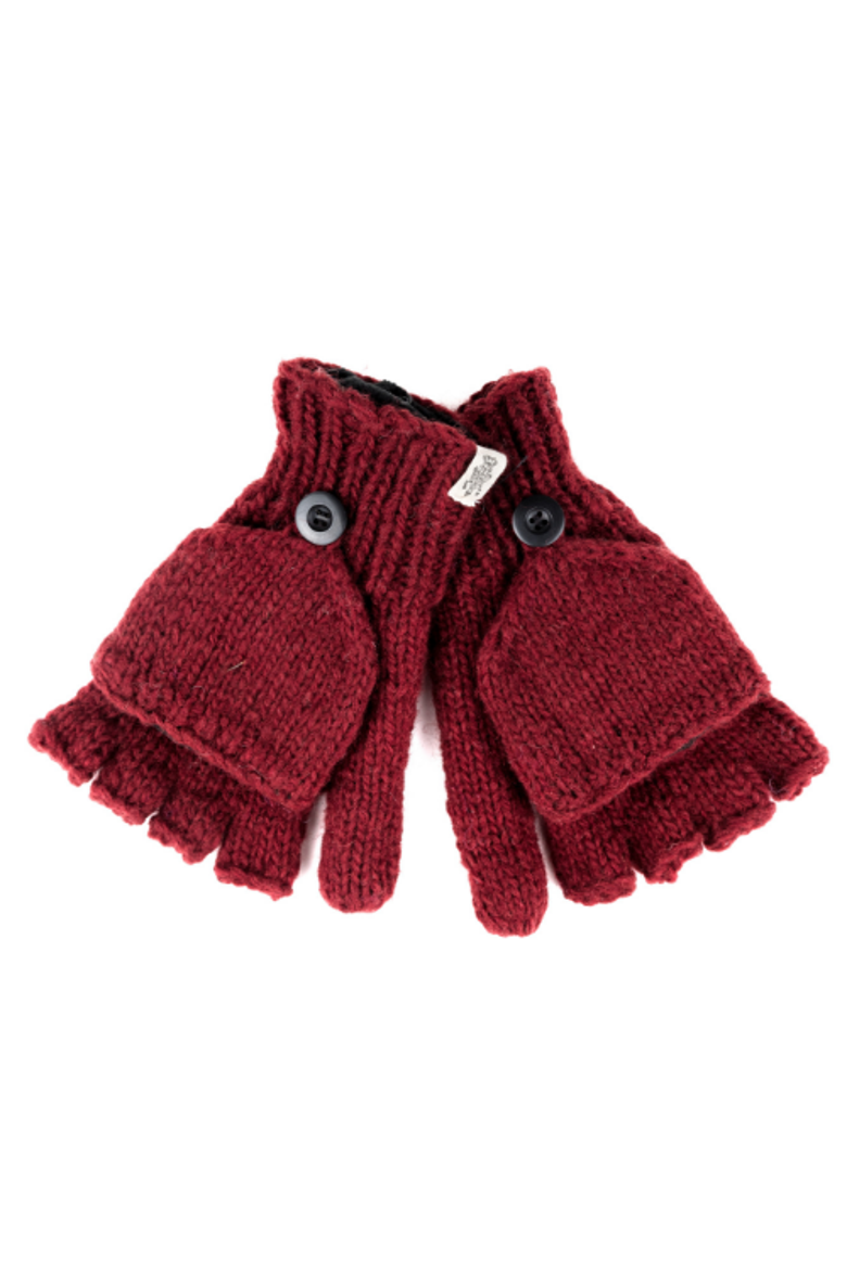 Hand Knit Fingerless Gloves With Button Flap and Fleece Lining, Main, color, Burgundy