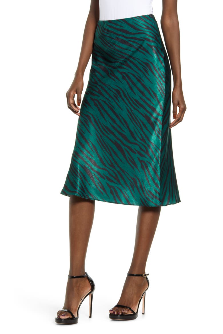 Zebra Print Bias Cut Satin Skirt, Main, color, GREEN ZEBRA