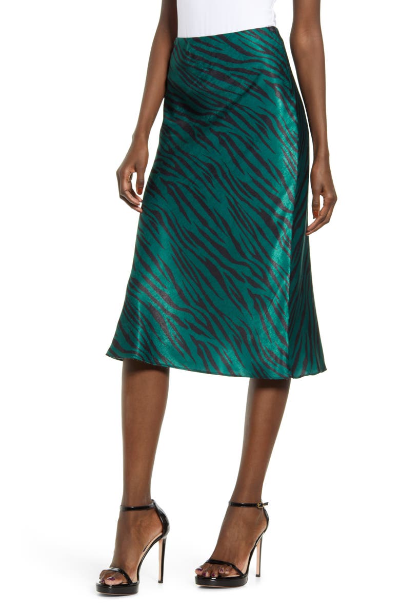 Socialite Zebra Print Bias Cut Satin Skirt, Main, color, 