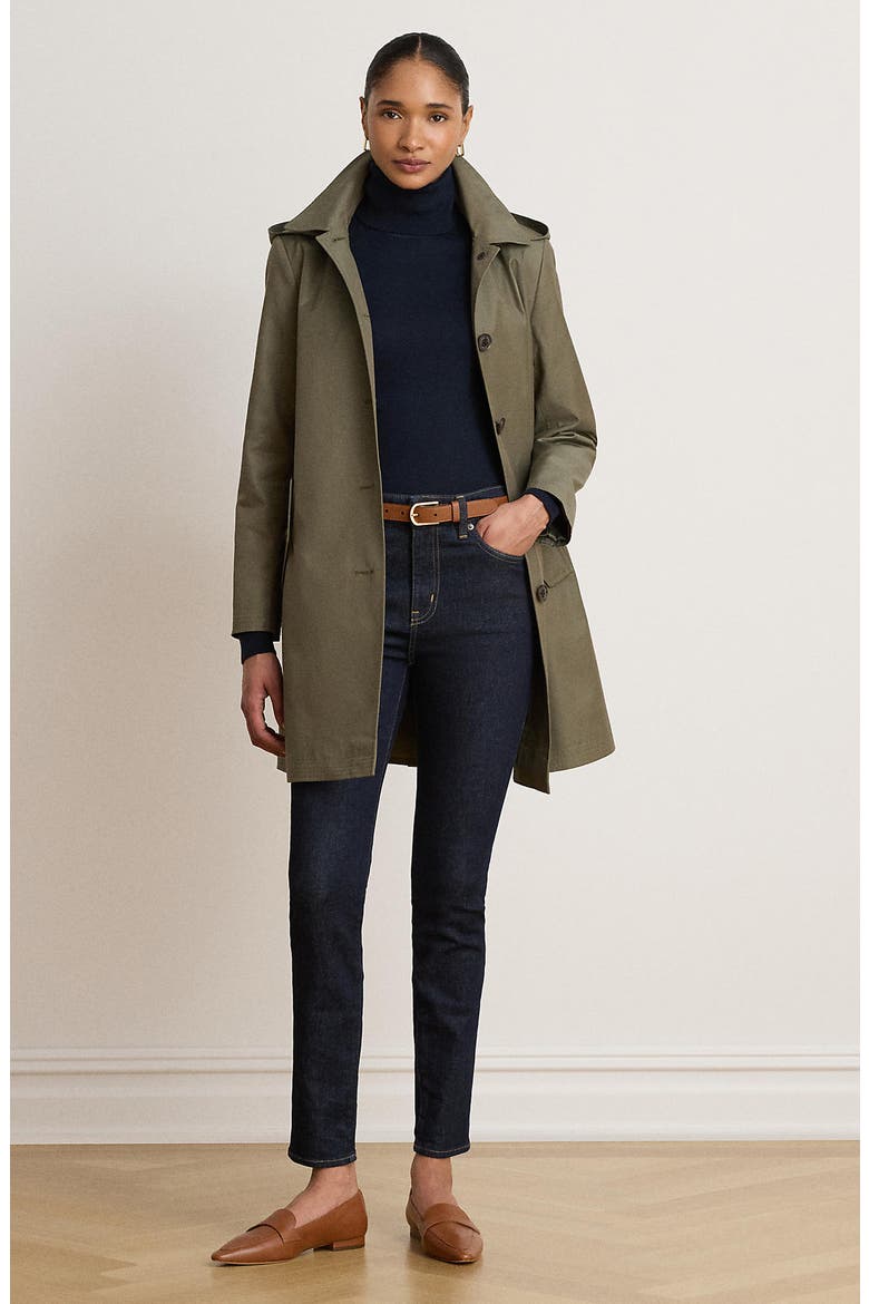 Balmacaan Hooded Raincoat, Alternate, color, OLIVE FERN