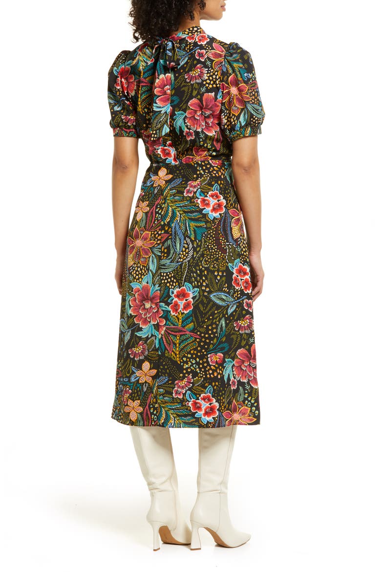 Floral Print Tie Neck Midi Dress, Alternate, color, BLACK MULTI