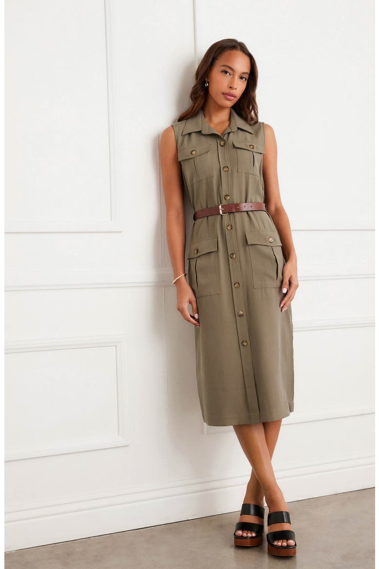 Belted Sleeveless Shirtdress, Alternate, color, OLIVE