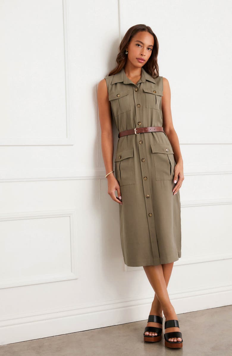 Karen Kane Belted Sleeveless Shirtdress, Alternate, color, Olive