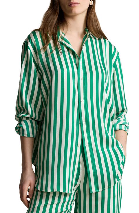 Stripe Long Sleeve Silk Button-Up Shirt
