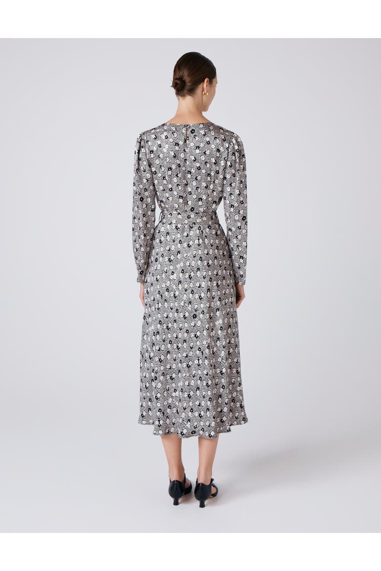 Sophia Floral Satin Midi Belted Dress, Alternate, color, Black Daisy