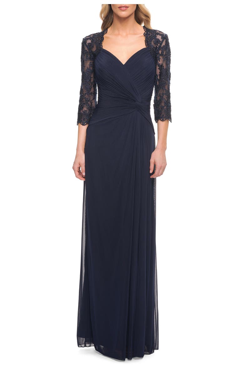 La Femme Jersey Gown with Knot Detail and Lace Sleeves, Alternate, color, Navy