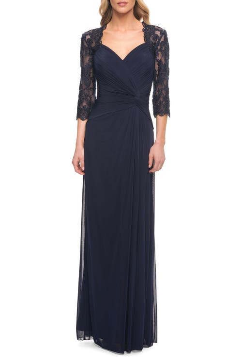 La Femme Jersey Gown With Knot Detail And Lace Sleeves In Navy