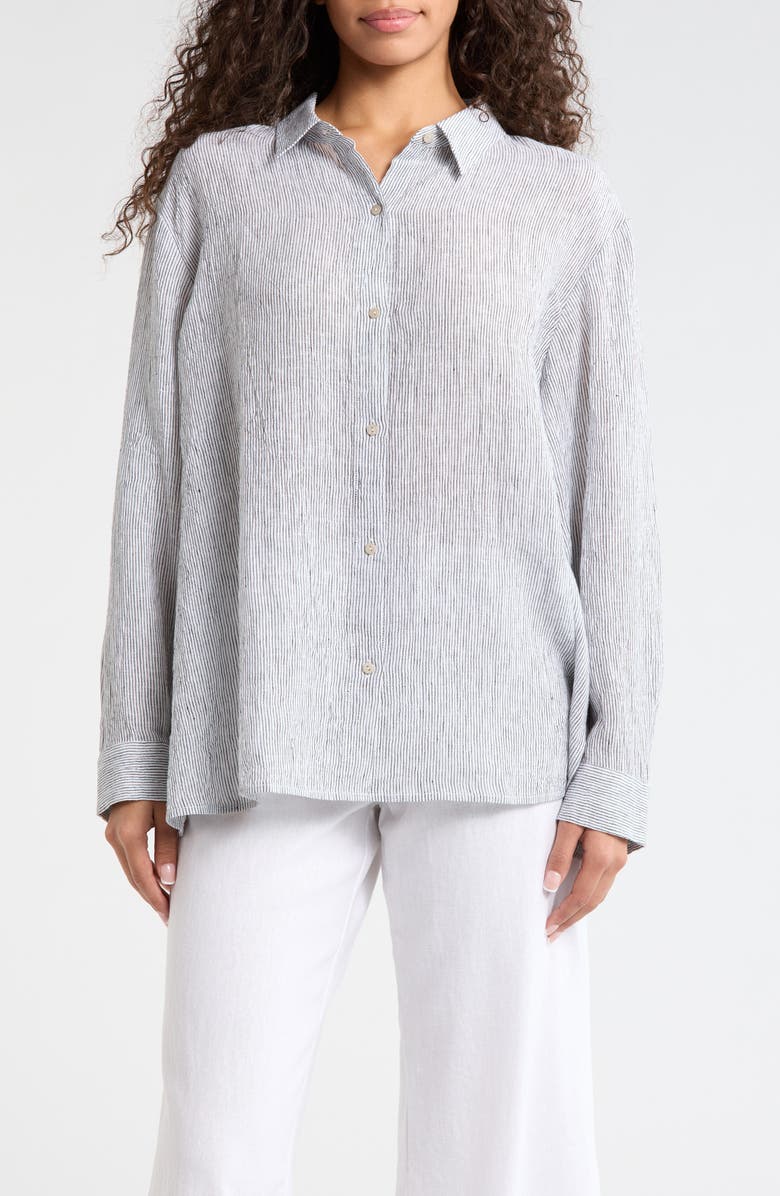 Eileen Fisher Classic Stripe Linen Button-Up Shirt, Main, color, White/ Black