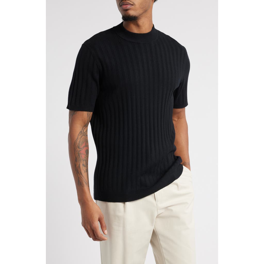 Open Edit Ribbed Short Sleeve Mock Neck Sweater In Black Caviar