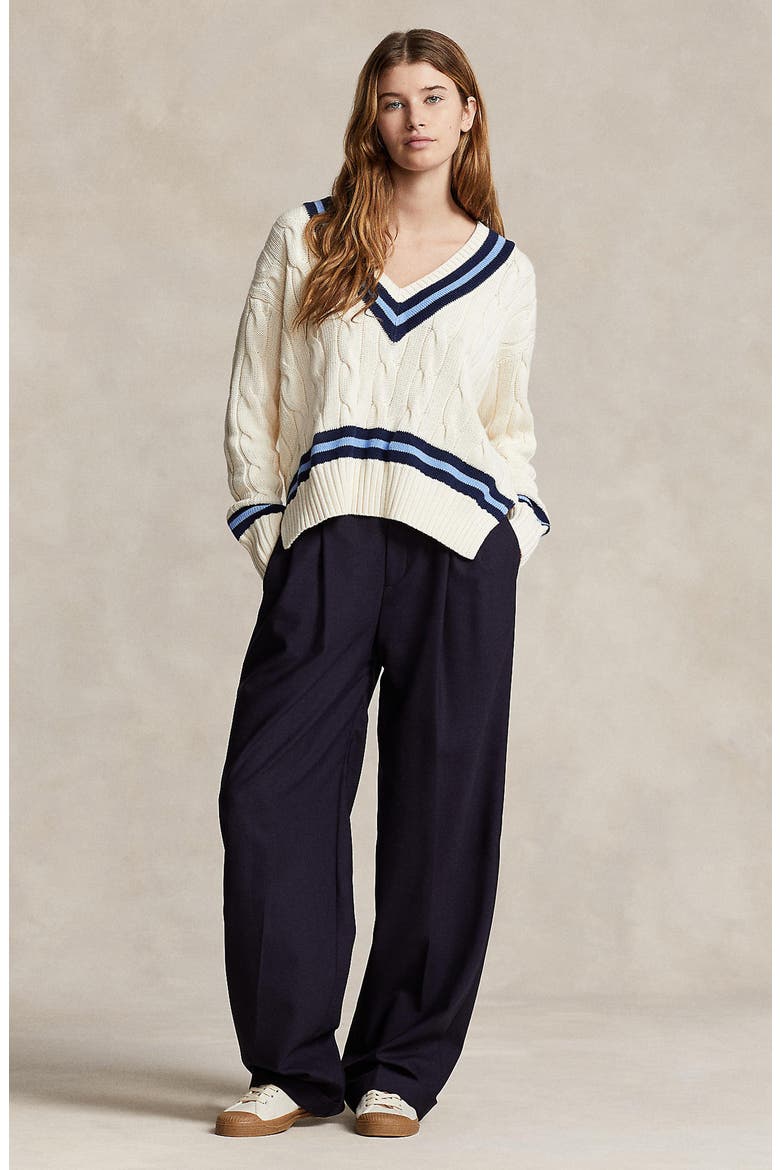 Cabled Cotton Cricket Sweater, Alternate, color, CRM NVY