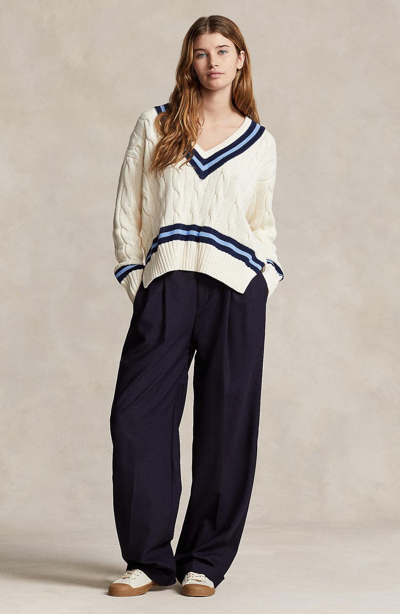 Polo Ralph Lauren Cabled Cotton Cricket Sweater, Alternate, color, Cream W/ Navy Stripe