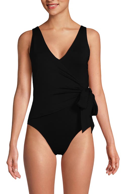 Lands' End Chlorine Resistant Side Tie Wrap High Leg One Piece Swimsuit In Black