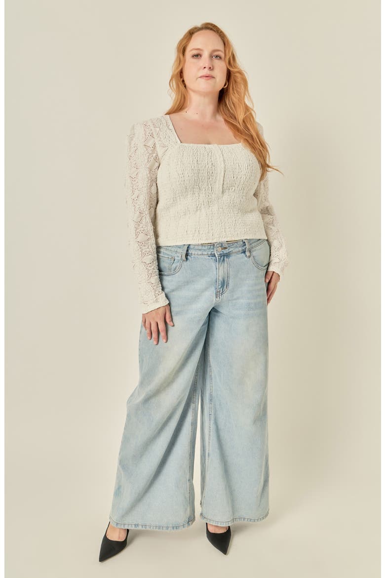 Lace Smocked Long Sleeve Top, Alternate, color, WHITE