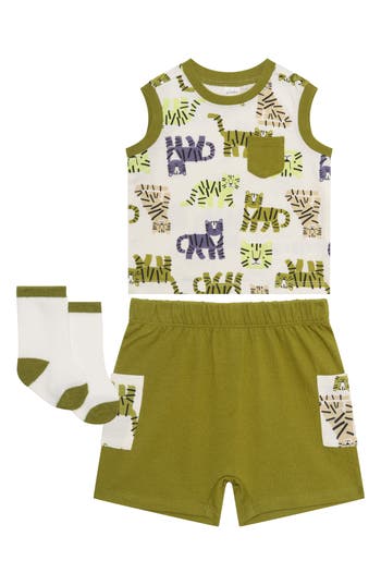 Pl Baby By Petit Lem Animal Print Tank, Shorts & Socks Set In Green