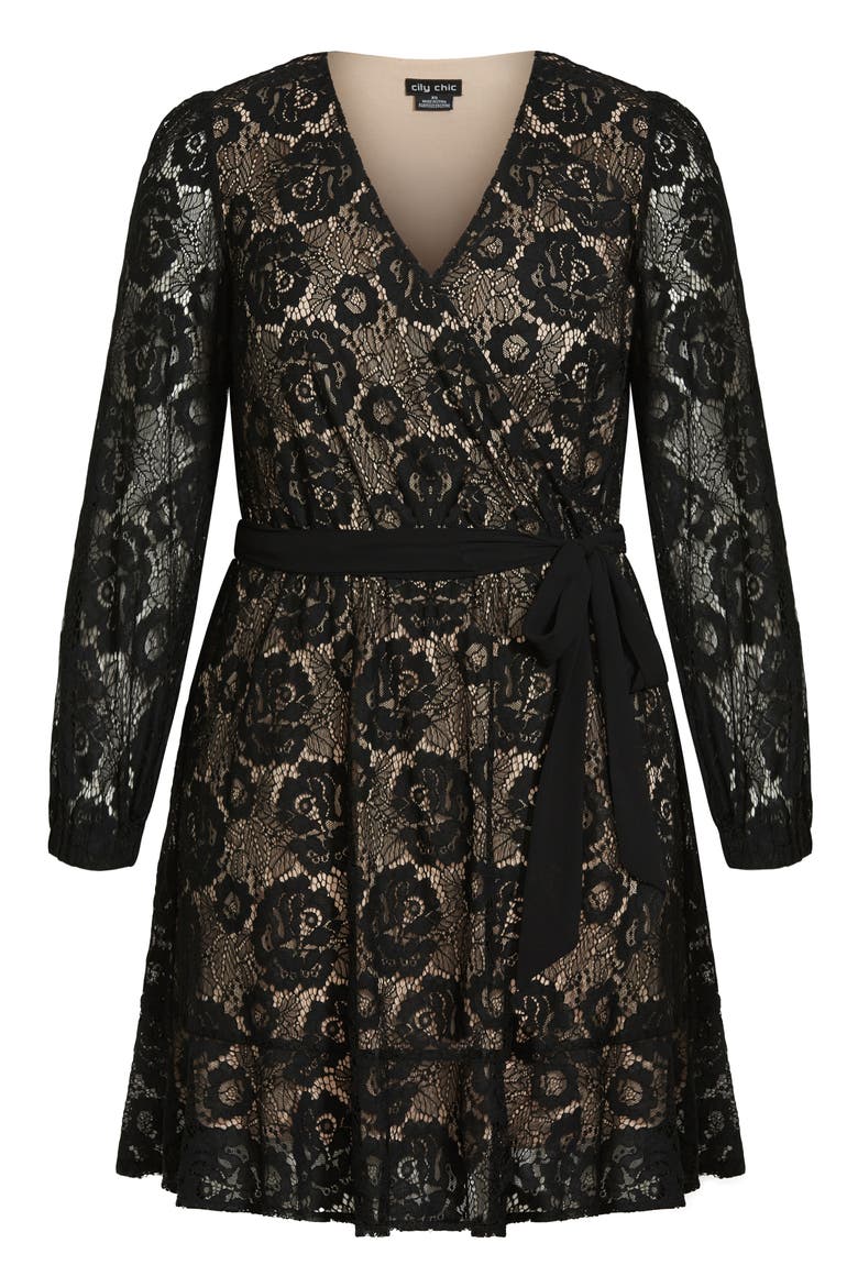 Fly Away Long Sleeve Lace Faux Wrap Dress, Alternate, color, BLACK/ BEIGE