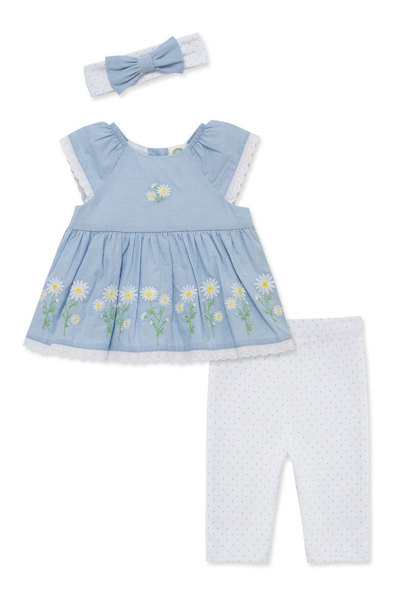 Daisy Border Top, Leggings & Headband Set, Main, color, BLUE/ WHITE