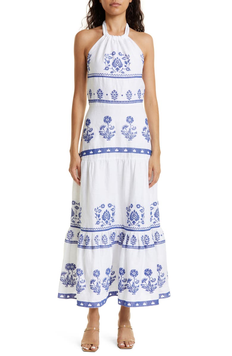 Milly Dea Cross Stitch Embroidered Linen Maxi Dress, Main, color, 