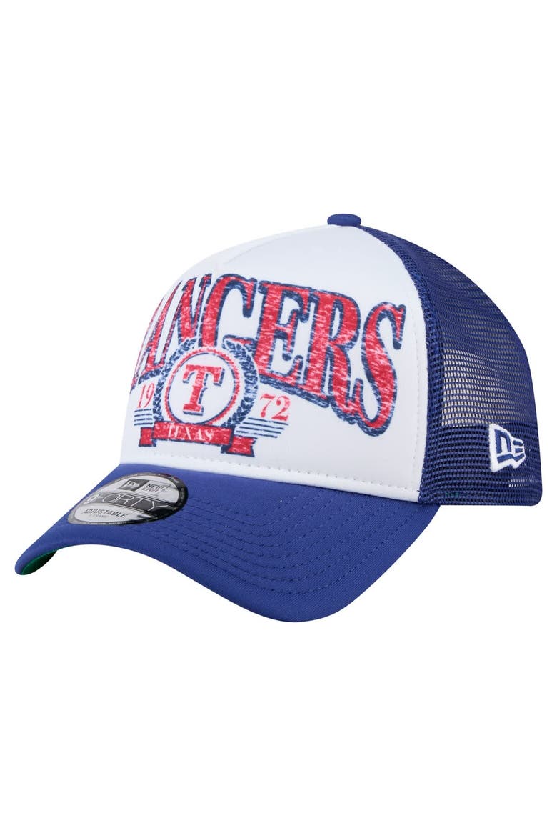 Men's New Era White/Royal Texas Rangers Trucker A-Frame 9FORTY Adjustable Hat, Main, color, White