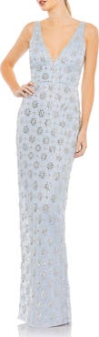 Mac Duggal Hand Embellished Sleeveless V Neck Column Gown