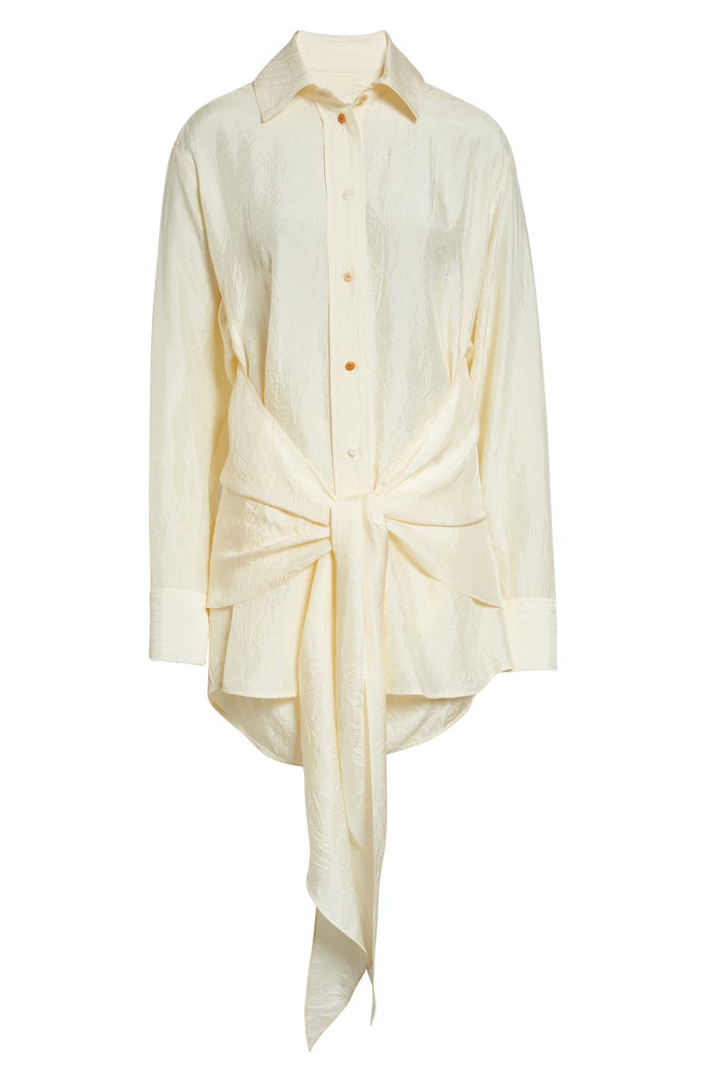OSSOU Arroyo Tie Front Crinkle Satin Button-Up Shirt, Alternate, color, Ecru
