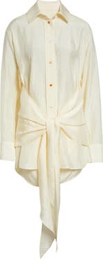 OSSOU Arroyo Tie Front Crinkle Satin Button-Up Shirt