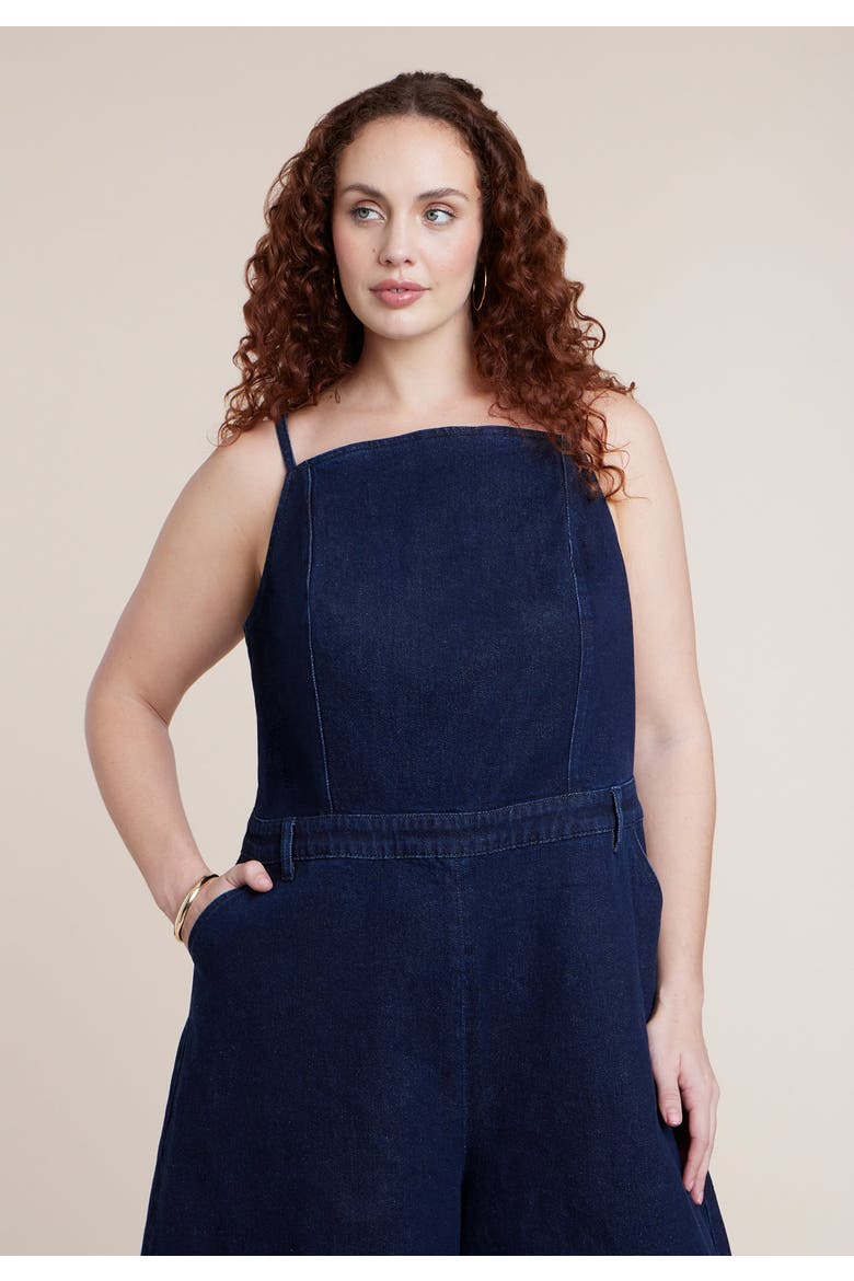 Stretch Denim Culotte Jumpsuit, Alternate, color, DARK WASH