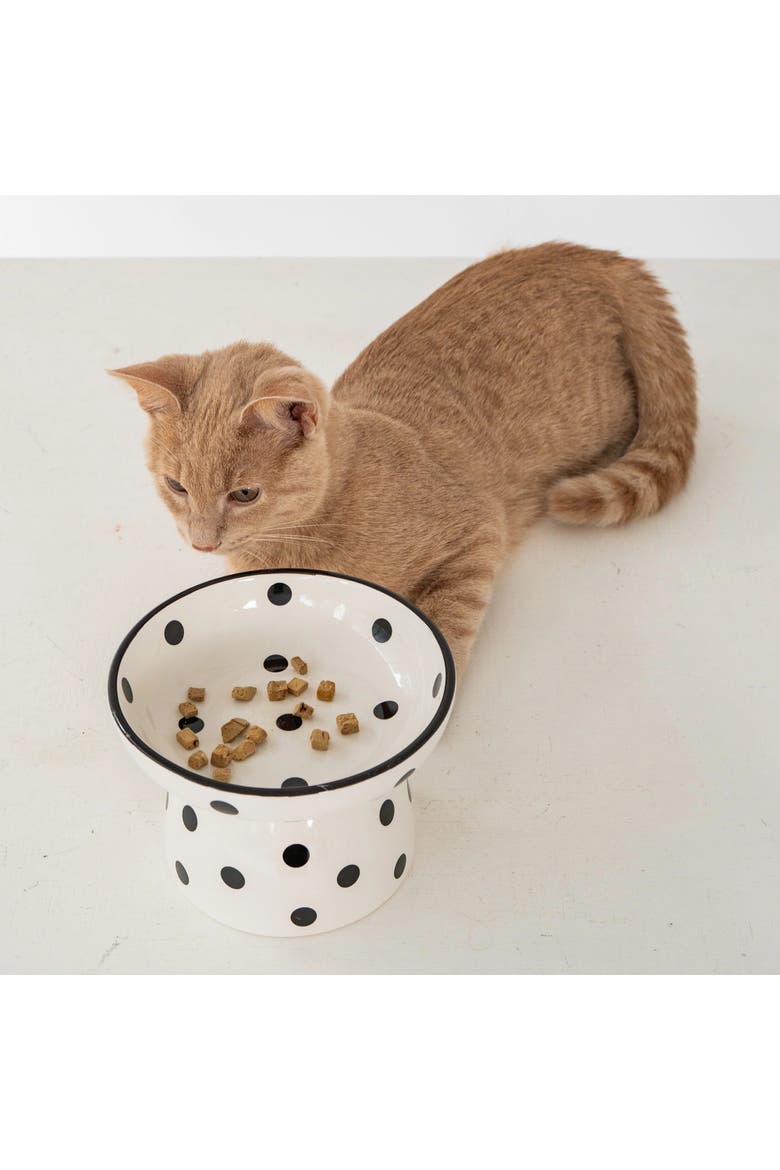 Elevated Ceramic Cat Bowl, White & Black Polka Dots, 8.7oz, Alternate, color, Multicolored