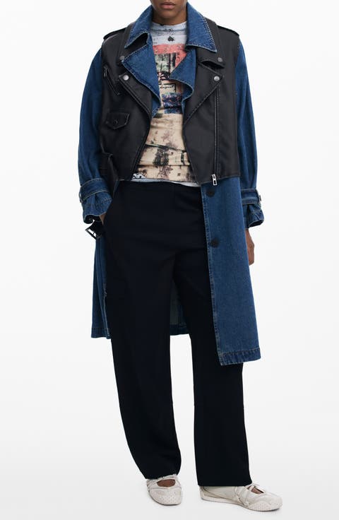 Denim Trench with Removable Faux Leather Moto Vest