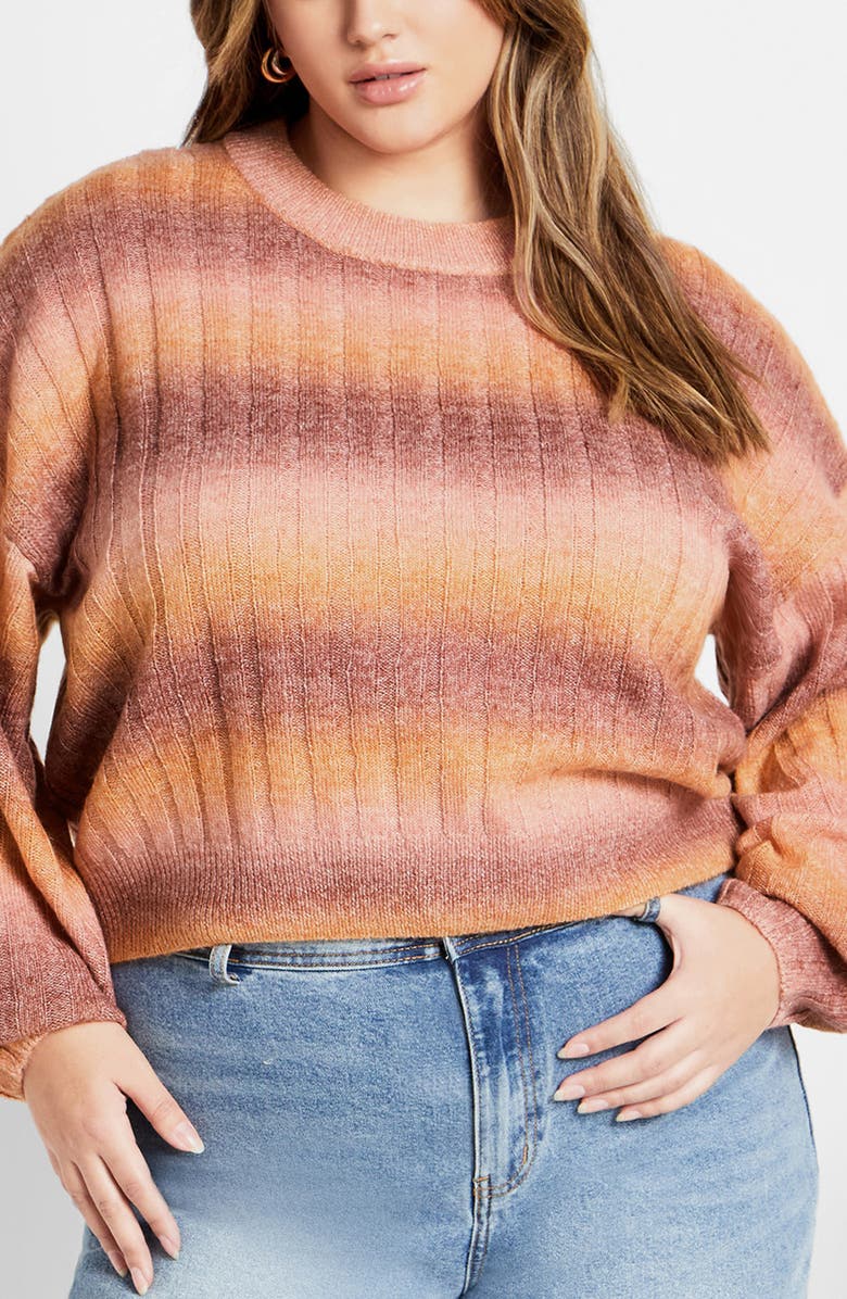 City Chic Shay Ombré Stripe Rib Sweater, Main, color, Toffee