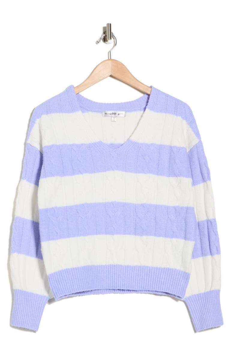 Madden Girl Rugby Stripe Cable Knit V-Neck Sweater, Main, color, Baby Lavender Combo
