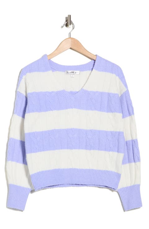 Rugby Stripe Cable Knit V-Neck Sweater