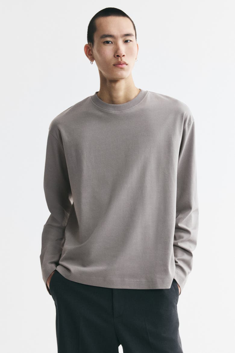 Relaxed-Fit Long-Sleeved Interlock Cotton T-Shirt, Main, color, Light taupe