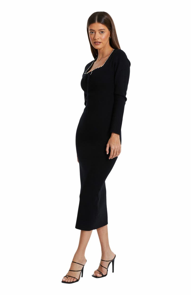 QUIZ Knit Diamante Trim Tie Neck Long Sleeve Sweater Dress, Alternate, color, 